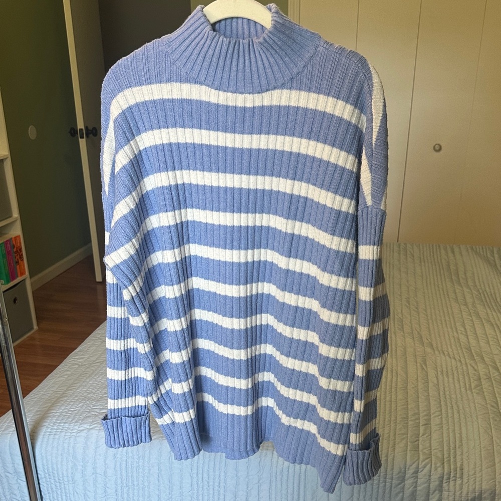LOFT Light Blue and White Ribbed Stripe Sweater